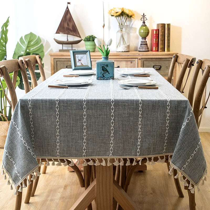 Cotton Linen Stripe Tassel Tablecloth – Rectangular, Stain Resistant & Dust-Proof Table Cover