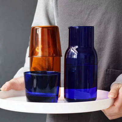 Glass Water Bottle with Glass Cup Bedside Carafe Night Water Carafe Heat Resistant Blue Amber Teal Grey Colored Glass Pitcher