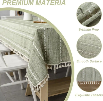 Cotton Linen Stripe Tassel Tablecloth – Rectangular, Stain Resistant & Dust-Proof Table Cover