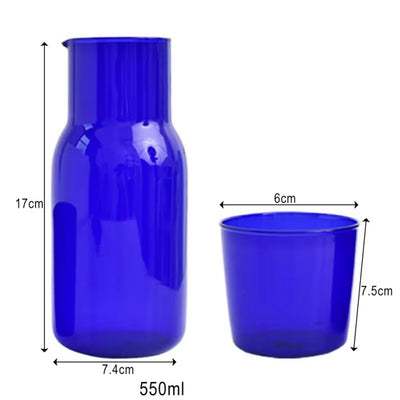 Glass Water Bottle with Glass Cup Bedside Carafe Night Water Carafe Heat Resistant Blue Amber Teal Grey Colored Glass Pitcher