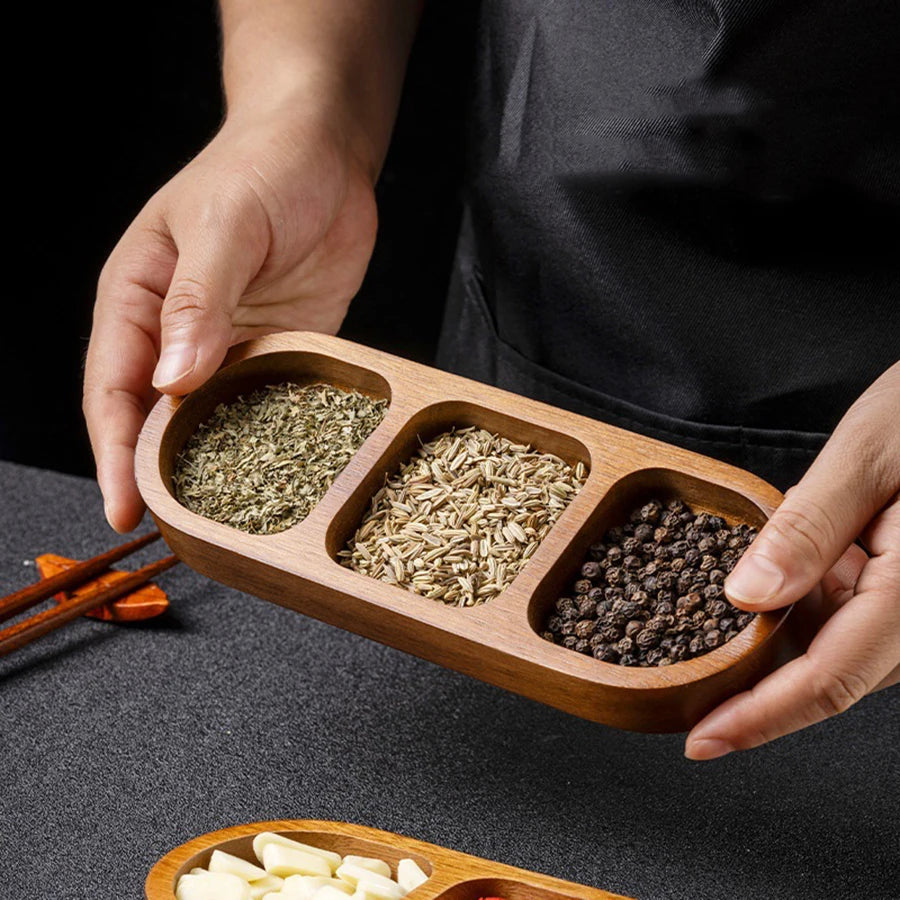 Natural Wooden Divided Serving Tray – Multi-Section Snack & Condiment Dish for Elegant Food Presentation