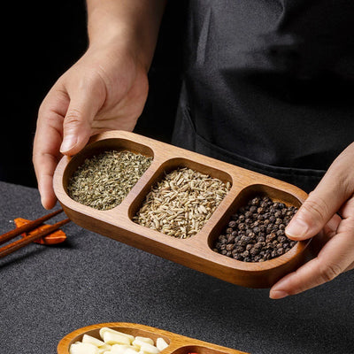 Natural Wooden Divided Serving Tray – Multi-Section Snack & Condiment Dish for Elegant Food Presentation