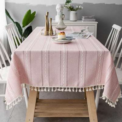 Cotton Linen Stripe Tassel Tablecloth – Rectangular, Stain Resistant & Dust-Proof Table Cover