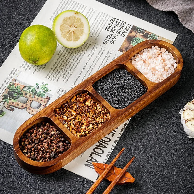 Natural Wooden Divided Serving Tray – Multi-Section Snack & Condiment Dish for Elegant Food Presentation