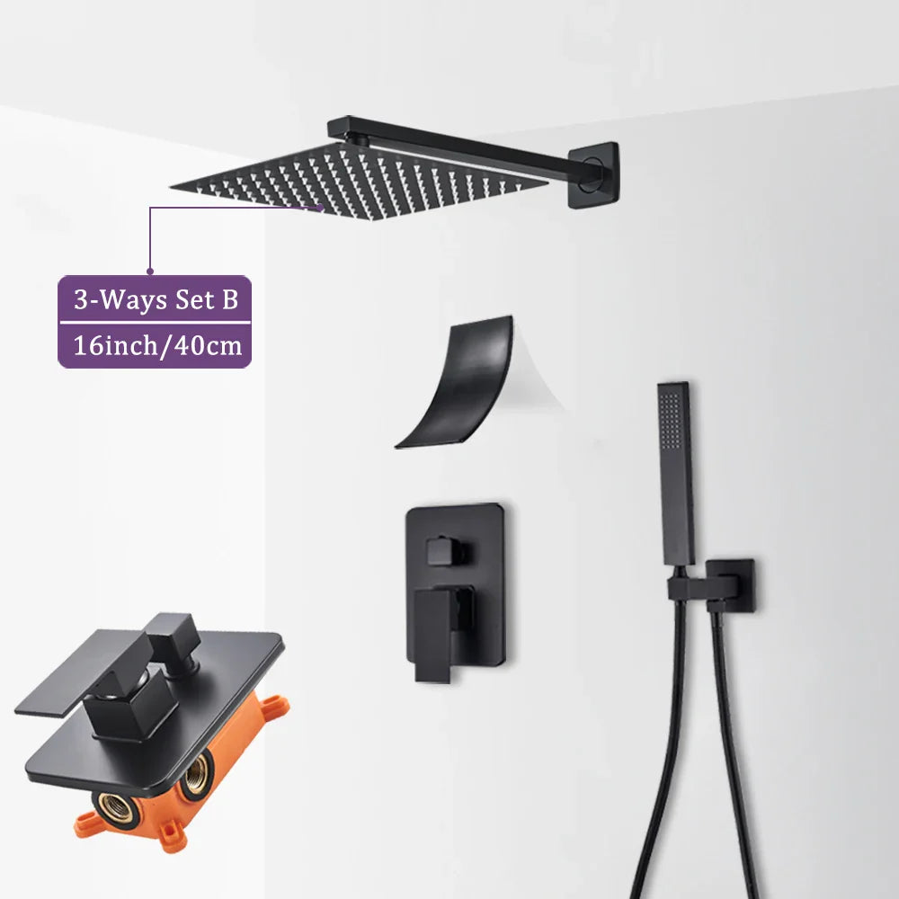 Matte Black Wall Mounted Rainfall Shower System with Thermostatic Mixer & Concealed Control Valve