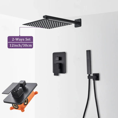 Matte Black Wall Mounted Rainfall Shower System with Thermostatic Mixer & Concealed Control Valve