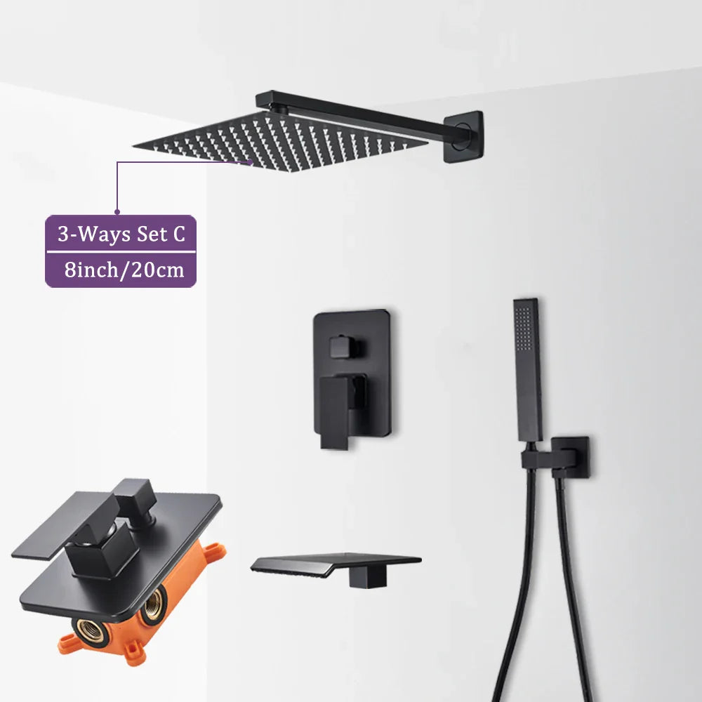 Matte Black Wall Mounted Rainfall Shower System with Thermostatic Mixer & Concealed Control Valve