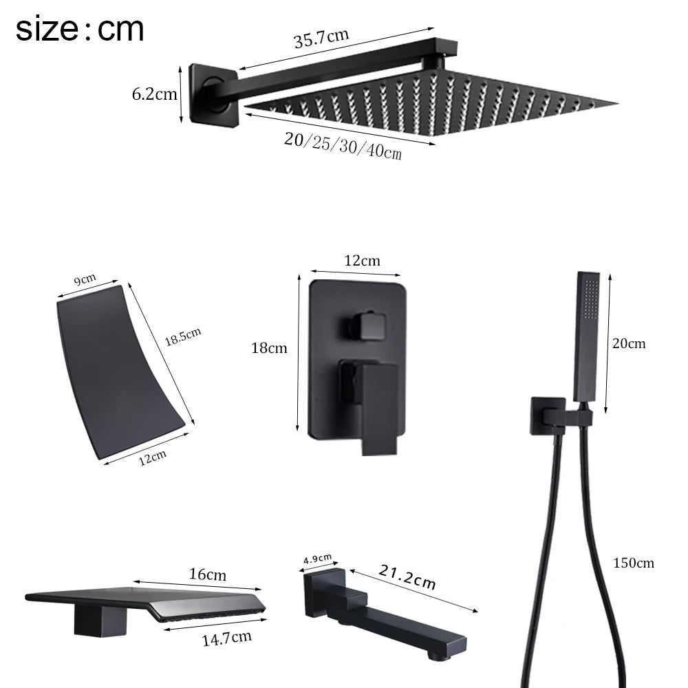 Matte Black Wall Mounted Rainfall Shower System with Thermostatic Mixer & Concealed Control Valve