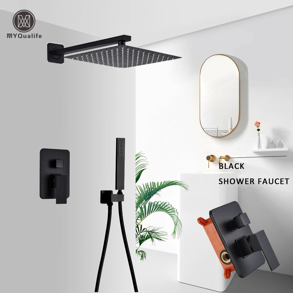 Matte Black Wall Mounted Rainfall Shower System with Thermostatic Mixer & Concealed Control Valve