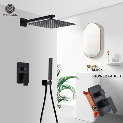 Matte Black Wall Mounted Rainfall Shower System with Thermostatic Mixer & Concealed Control Valve