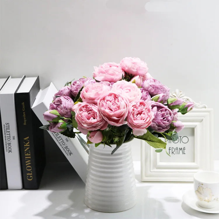 30cm Rose Pink Peony Silk Artificial Flowers Bouquet – 5 Large Heads & 4 Buds | Wedding & Home Decor