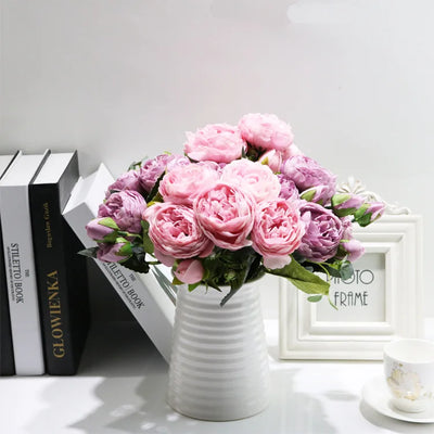 30cm Rose Pink Peony Silk Artificial Flowers Bouquet – 5 Large Heads & 4 Buds | Wedding & Home Decor