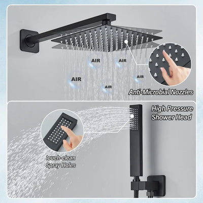 Matte Black Wall Mounted Rainfall Shower System with Thermostatic Mixer & Concealed Control Valve