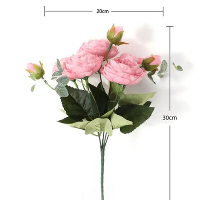 30cm Rose Pink Peony Silk Artificial Flowers Bouquet – 5 Large Heads & 4 Buds | Wedding & Home Decor