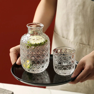 Vintage Glass Bedside Carafe & Tumbler Set – Retro Relief Pattern Water Pitcher with Matching Cup