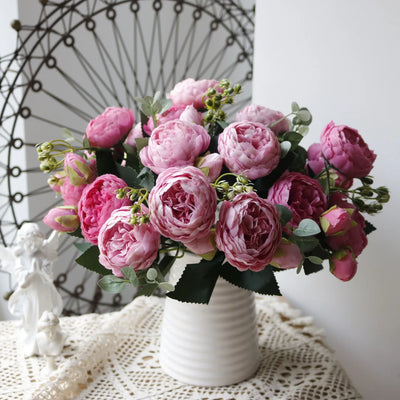 30cm Rose Pink Peony Silk Artificial Flowers Bouquet – 5 Large Heads & 4 Buds | Wedding & Home Decor
