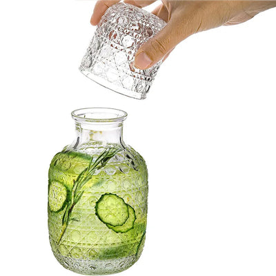 Vintage Glass Bedside Carafe & Tumbler Set – Retro Relief Pattern Water Pitcher with Matching Cup