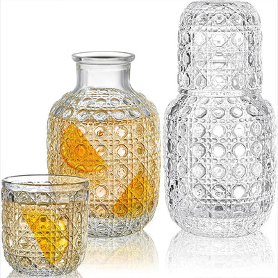 Vintage Glass Bedside Carafe & Tumbler Set – Retro Relief Pattern Water Pitcher with Matching Cup