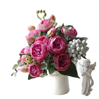 30cm Rose Pink Peony Silk Artificial Flowers Bouquet – 5 Large Heads & 4 Buds | Wedding & Home Decor