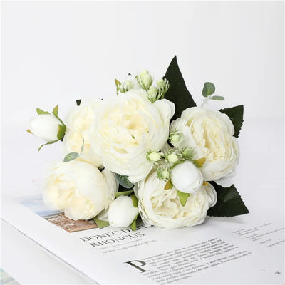 30cm Rose Pink Peony Silk Artificial Flowers Bouquet – 5 Large Heads & 4 Buds | Wedding & Home Decor