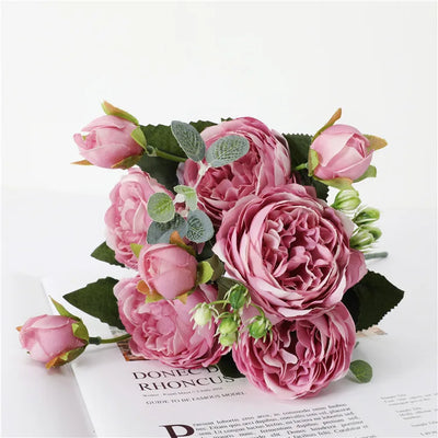 30cm Rose Pink Peony Silk Artificial Flowers Bouquet – 5 Large Heads & 4 Buds | Wedding & Home Decor