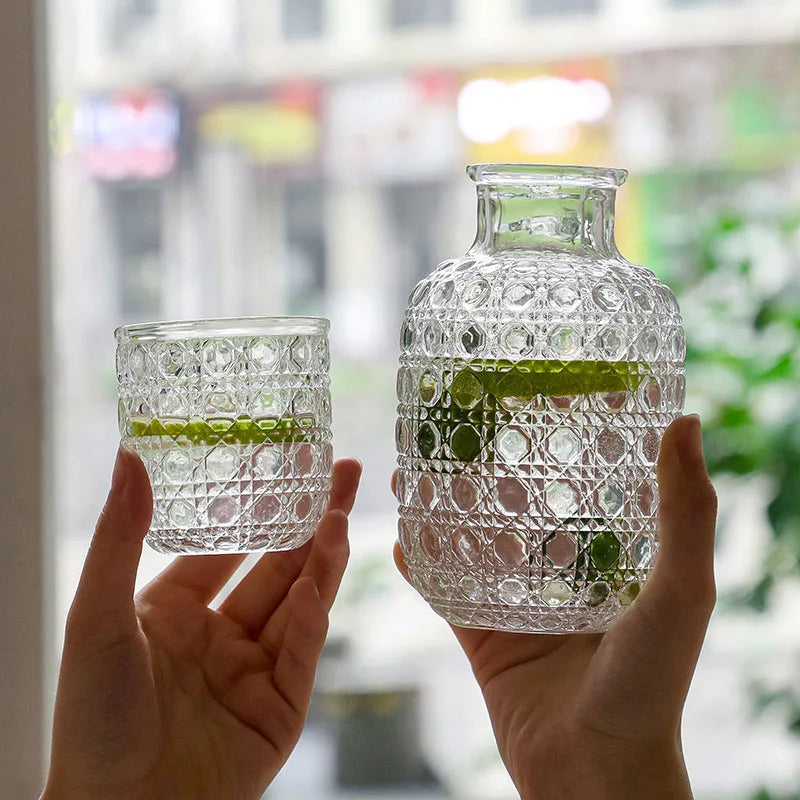 Vintage Glass Bedside Carafe & Tumbler Set – Retro Relief Pattern Water Pitcher with Matching Cup
