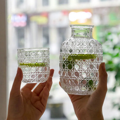 Vintage Glass Bedside Carafe & Tumbler Set – Retro Relief Pattern Water Pitcher with Matching Cup