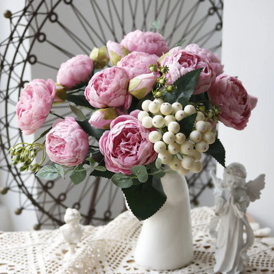 30cm Rose Pink Peony Silk Artificial Flowers Bouquet – 5 Large Heads & 4 Buds | Wedding & Home Decor