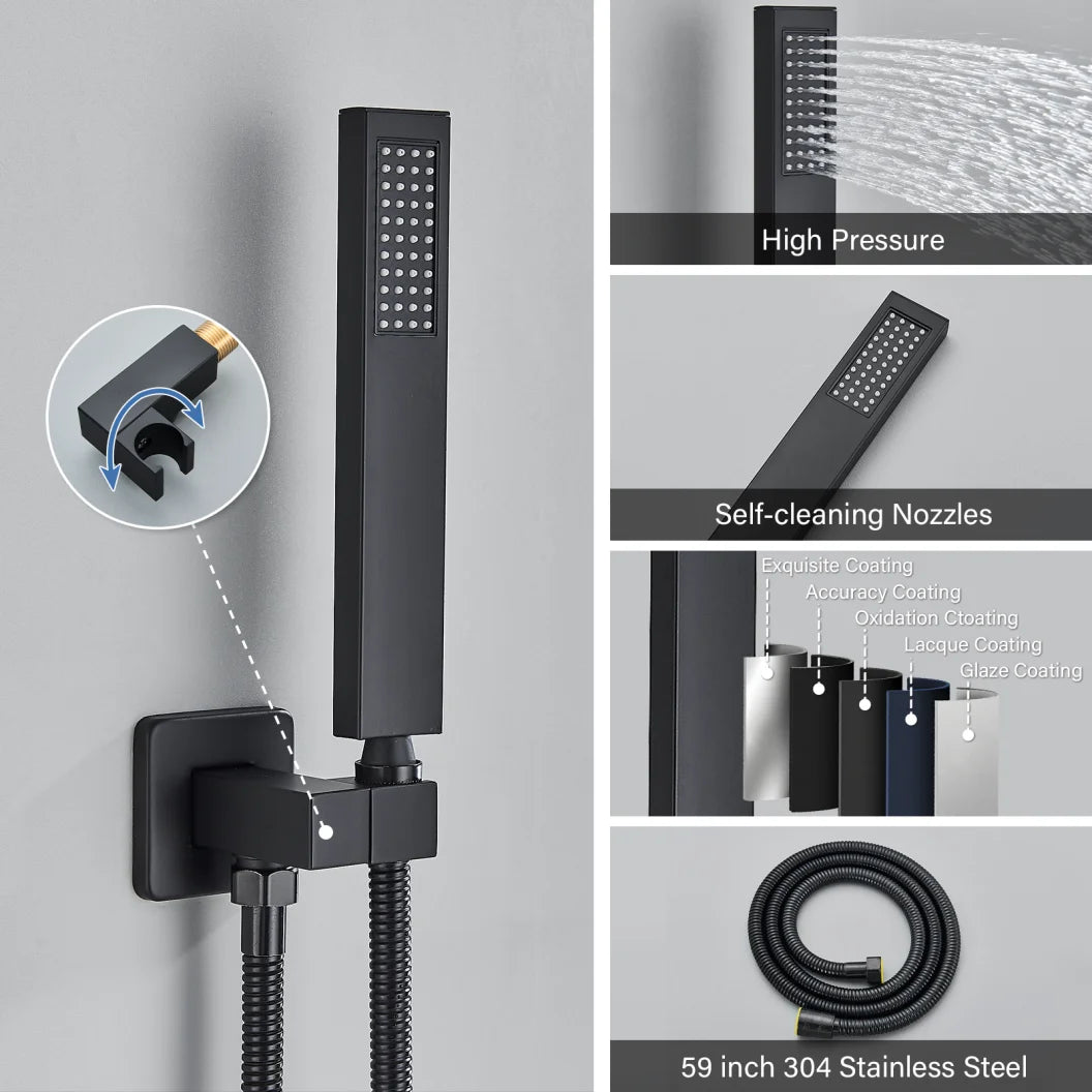Matte Black Wall Mounted Rainfall Shower System with Thermostatic Mixer & Concealed Control Valve