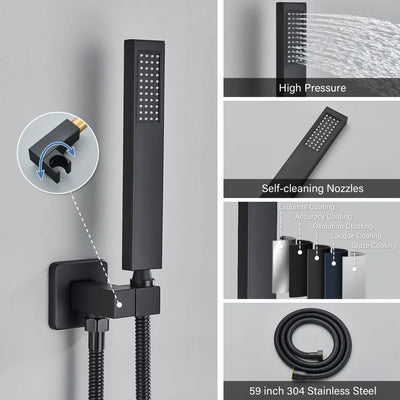 Matte Black Wall Mounted Rainfall Shower System with Thermostatic Mixer & Concealed Control Valve