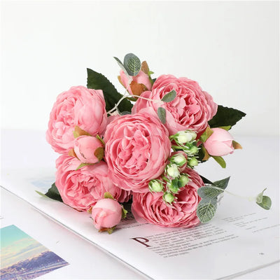 30cm Rose Pink Peony Silk Artificial Flowers Bouquet – 5 Large Heads & 4 Buds | Wedding & Home Decor