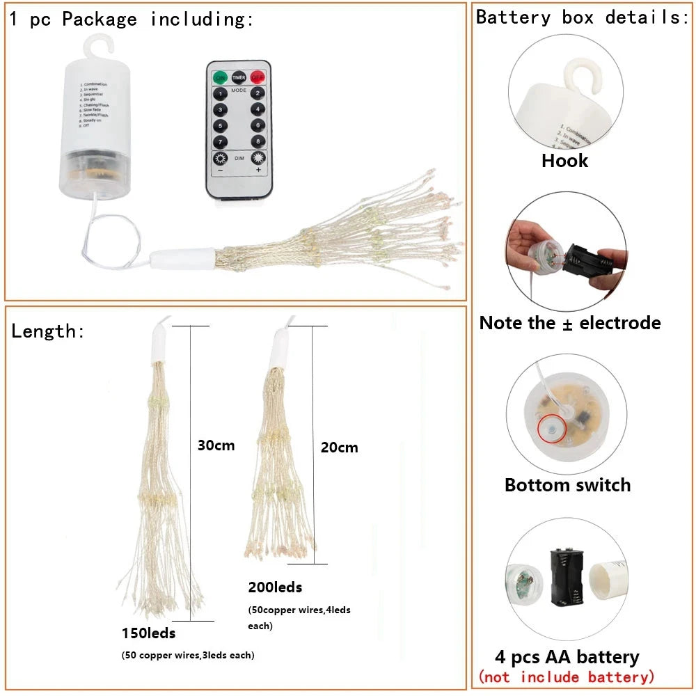 LED Firework Starburst Hanging Light – 150/200 LED DIY Fairy String Lamp, Remote-Control Twinkle Decor | Christmas, Bedroom, Festival Lighting