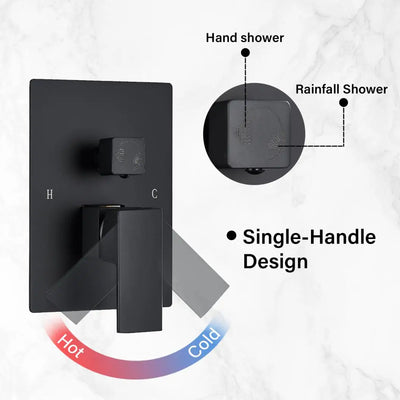 Matte Black Wall Mounted Rainfall Shower System with Thermostatic Mixer & Concealed Control Valve