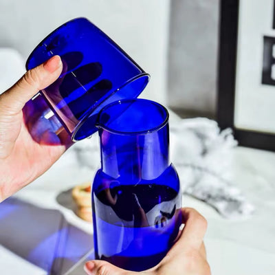 Glass Water Bottle with Glass Cup Bedside Carafe Night Water Carafe Heat Resistant Blue Amber Teal Grey Colored Glass Pitcher