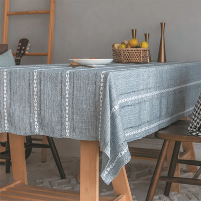 Cotton Linen Stripe Tassel Tablecloth – Rectangular, Stain Resistant & Dust-Proof Table Cover