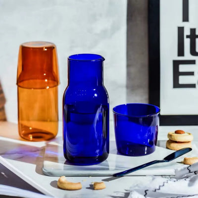 Glass Water Bottle with Glass Cup Bedside Carafe Night Water Carafe Heat Resistant Blue Amber Teal Grey Colored Glass Pitcher