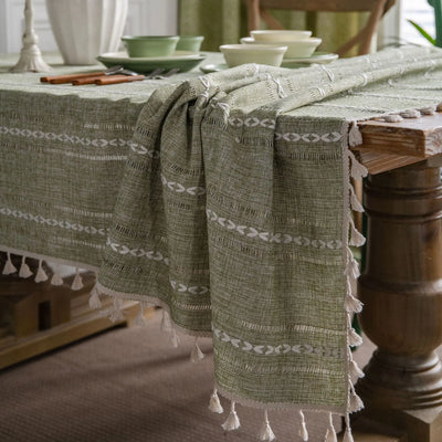 Cotton Linen Stripe Tassel Tablecloth – Rectangular, Stain Resistant & Dust-Proof Table Cover