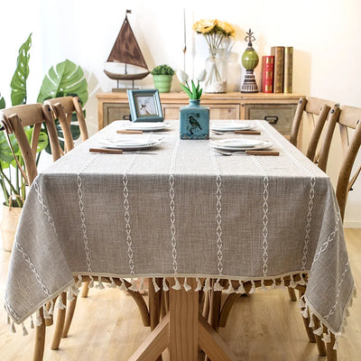 Cotton Linen Stripe Tassel Tablecloth – Rectangular, Stain Resistant & Dust-Proof Table Cover