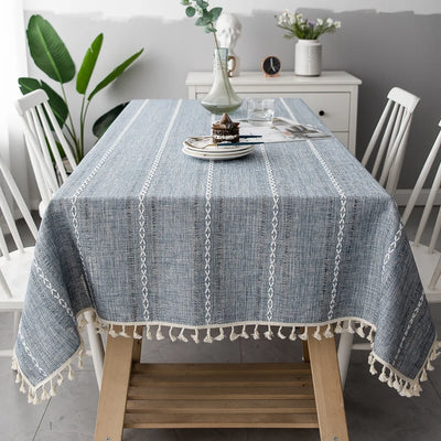 Cotton Linen Stripe Tassel Tablecloth – Rectangular, Stain Resistant & Dust-Proof Table Cover