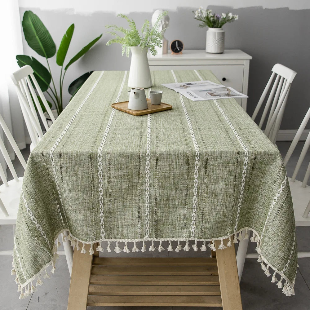 Cotton Linen Stripe Tassel Tablecloth – Rectangular, Stain Resistant & Dust-Proof Table Cover