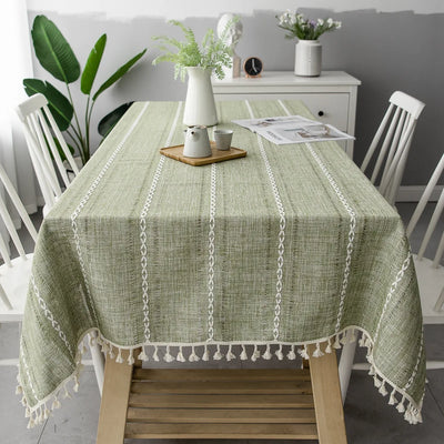 Cotton Linen Stripe Tassel Tablecloth – Rectangular, Stain Resistant & Dust-Proof Table Cover