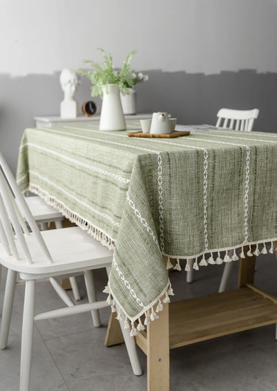 Cotton Linen Stripe Tassel Tablecloth – Rectangular, Stain Resistant & Dust-Proof Table Cover