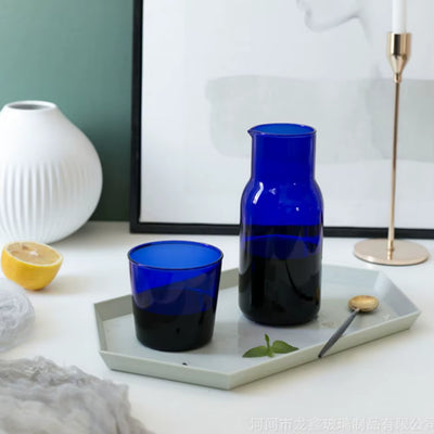 Glass Water Bottle with Glass Cup Bedside Carafe Night Water Carafe Heat Resistant Blue Amber Teal Grey Colored Glass Pitcher