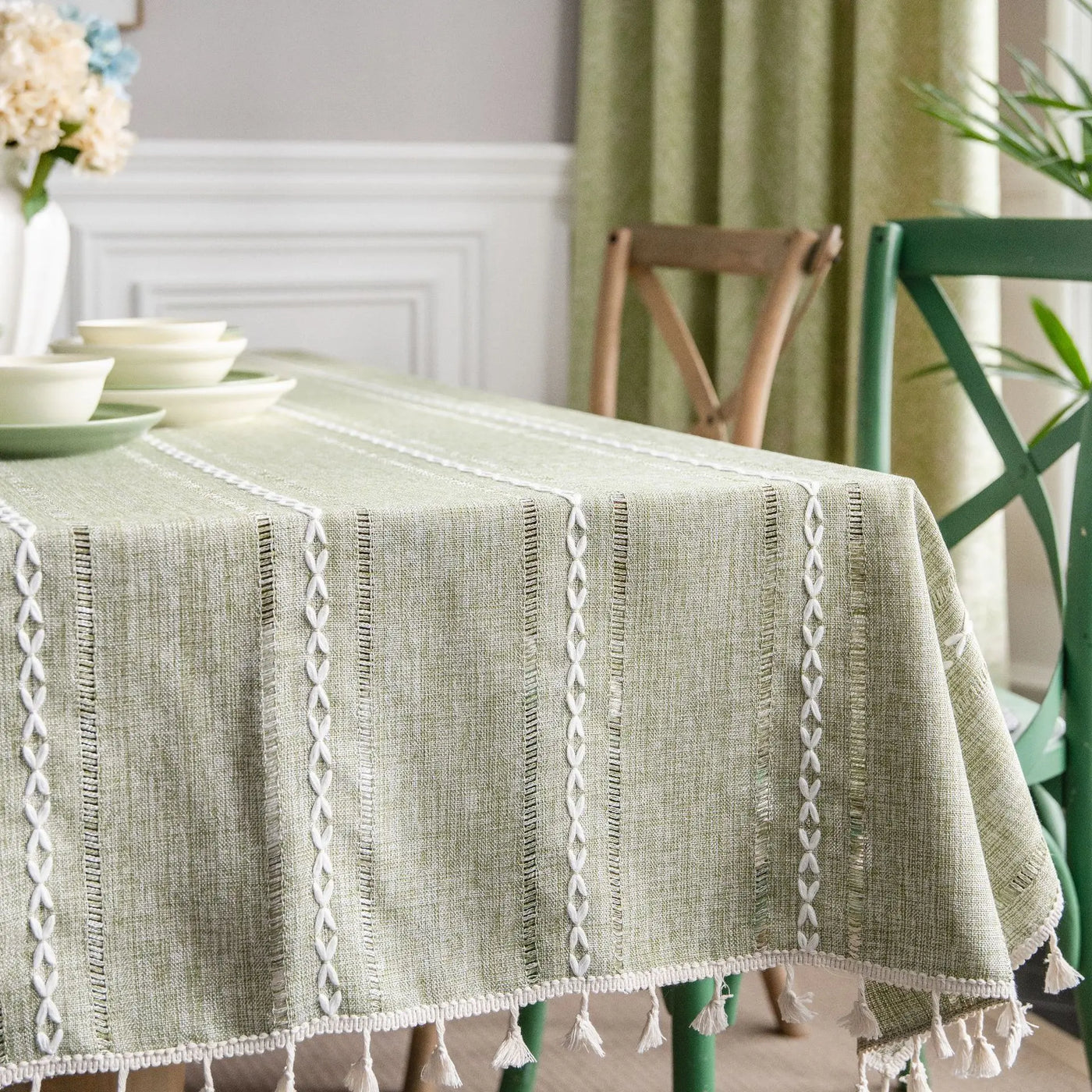Cotton Linen Stripe Tassel Tablecloth – Rectangular, Stain Resistant & Dust-Proof Table Cover